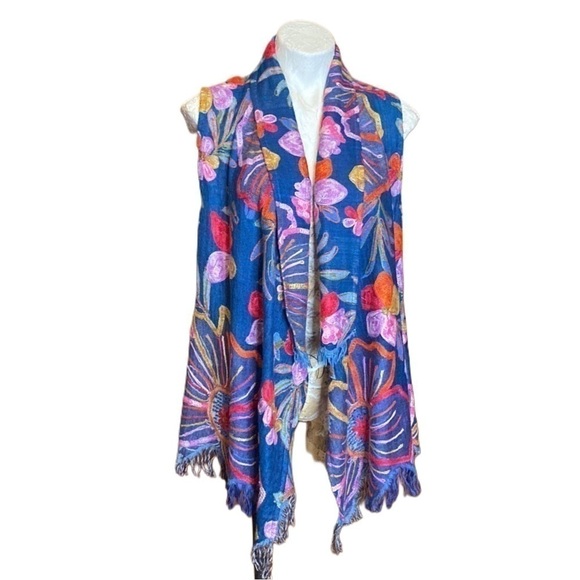 Soft Surroundings | Floral Embroidered Frayed Fringe Vest Cardigan Sweater S/M - Picture 3 of 14